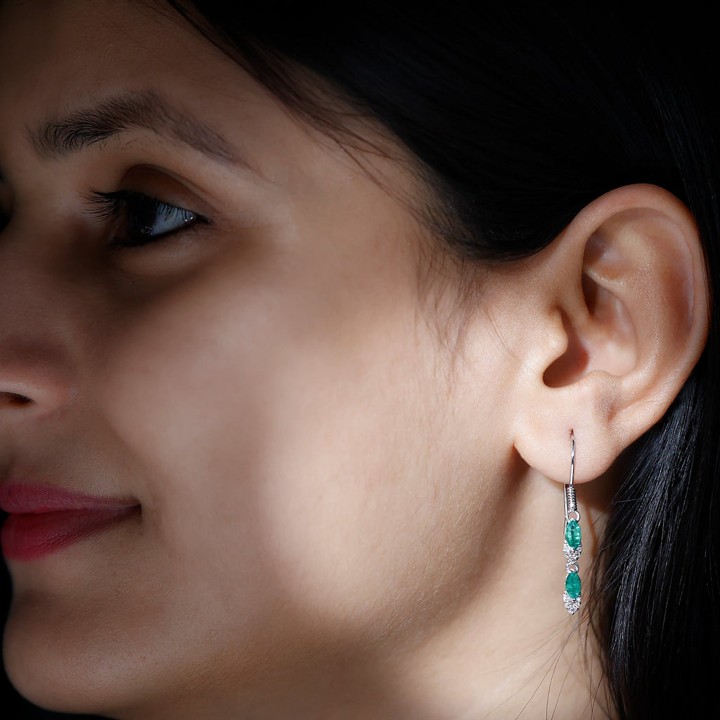 Emerald Dangle Earrings – Marquise Cut Emerald Drop with Diamond Accents