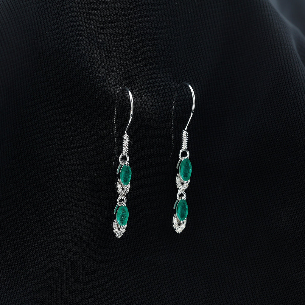 Emerald Dangle Earrings – Marquise Cut Emerald Drop with Diamond Accents