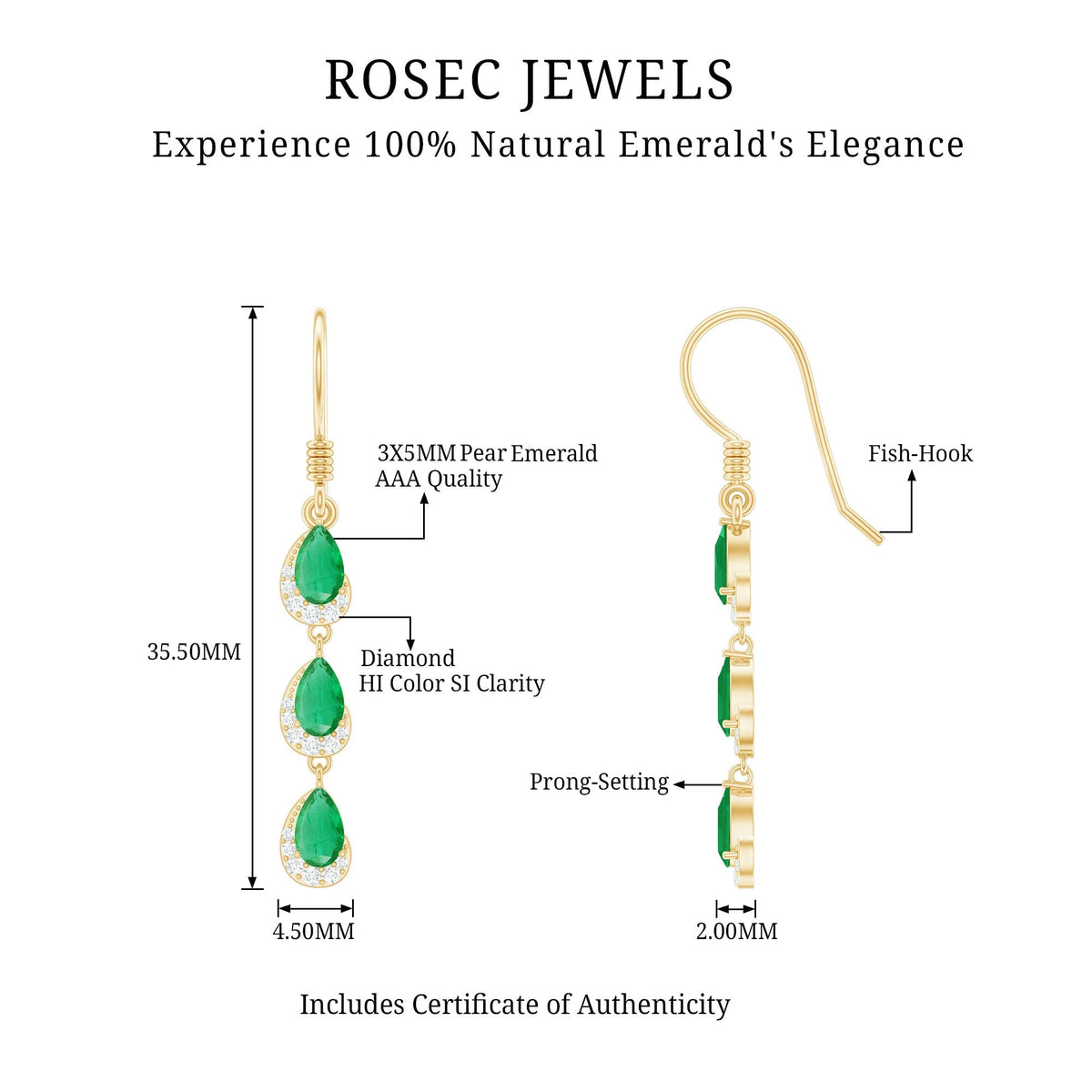 Emerald Dangle Earrings - Pear Cut Green Gemstone Earrings with Diamond Accents | Rosec Jewels