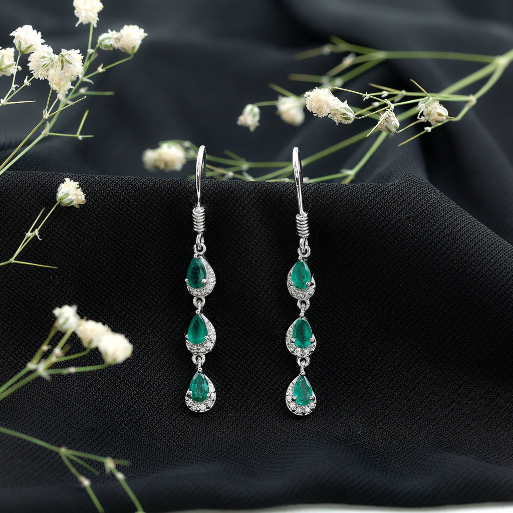 Emerald Dangle Earrings - Pear Cut Green Gemstone Earrings with Diamond Accents | Rosec Jewels