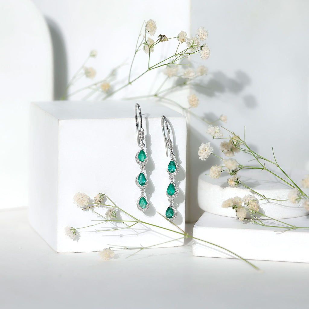 Emerald Dangle Earrings - Pear Cut Green Gemstone Earrings with Diamond Accents | Rosec Jewels