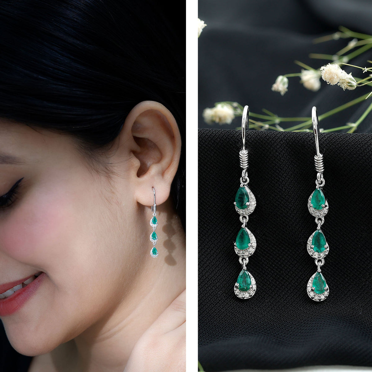 Emerald Dangle Earrings - Pear Cut Green Gemstone Earrings with Diamond Accents | Rosec Jewels