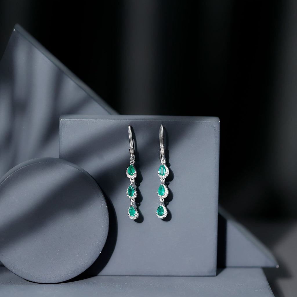 Emerald Dangle Earrings - Pear Cut Green Gemstone Earrings with Diamond Accents | Rosec Jewels