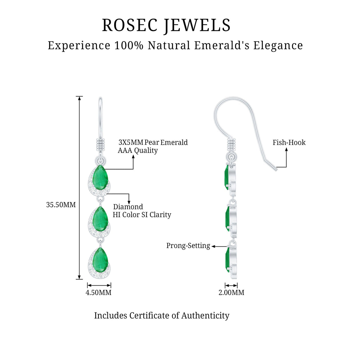 Emerald Dangle Earrings - Pear Cut Green Gemstone Earrings with Diamond Accents | Rosec Jewels
