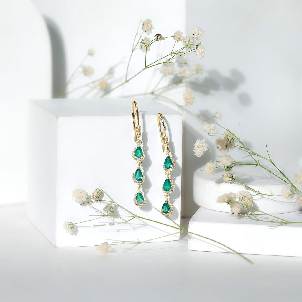 Emerald Dangle Earrings - Pear Cut Green Gemstone Earrings with Diamond Accents | Rosec Jewels