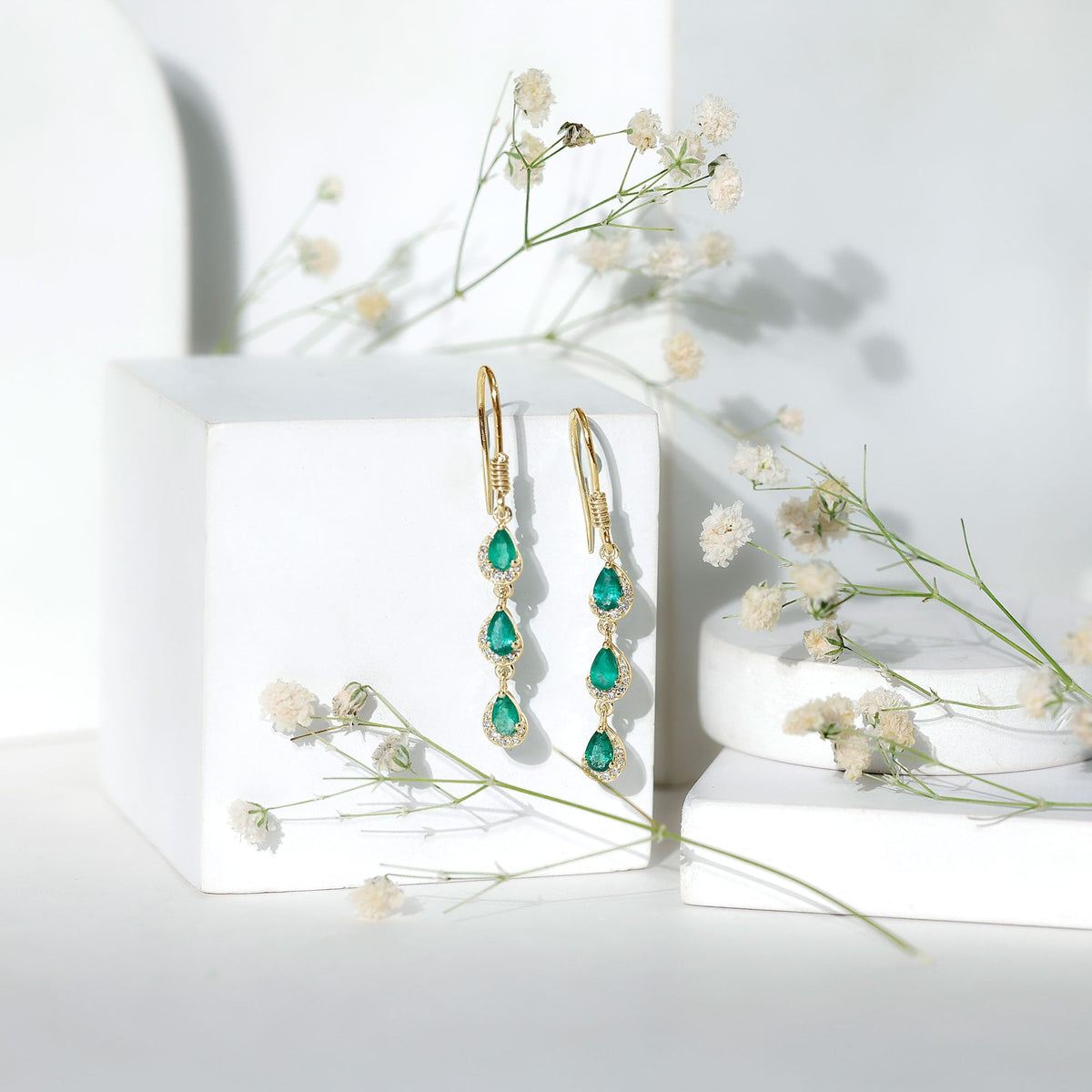 Emerald Dangle Earrings - Pear Cut Green Gemstone Earrings with Diamond Accents | Rosec Jewels