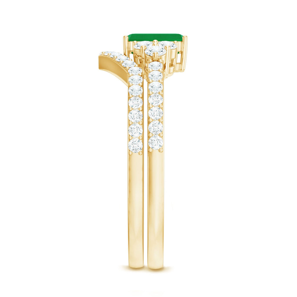 Emerald Diamond Bridal Ring – Solitaire Emerald Cut & V Shaped Diamond Wedding Band Set