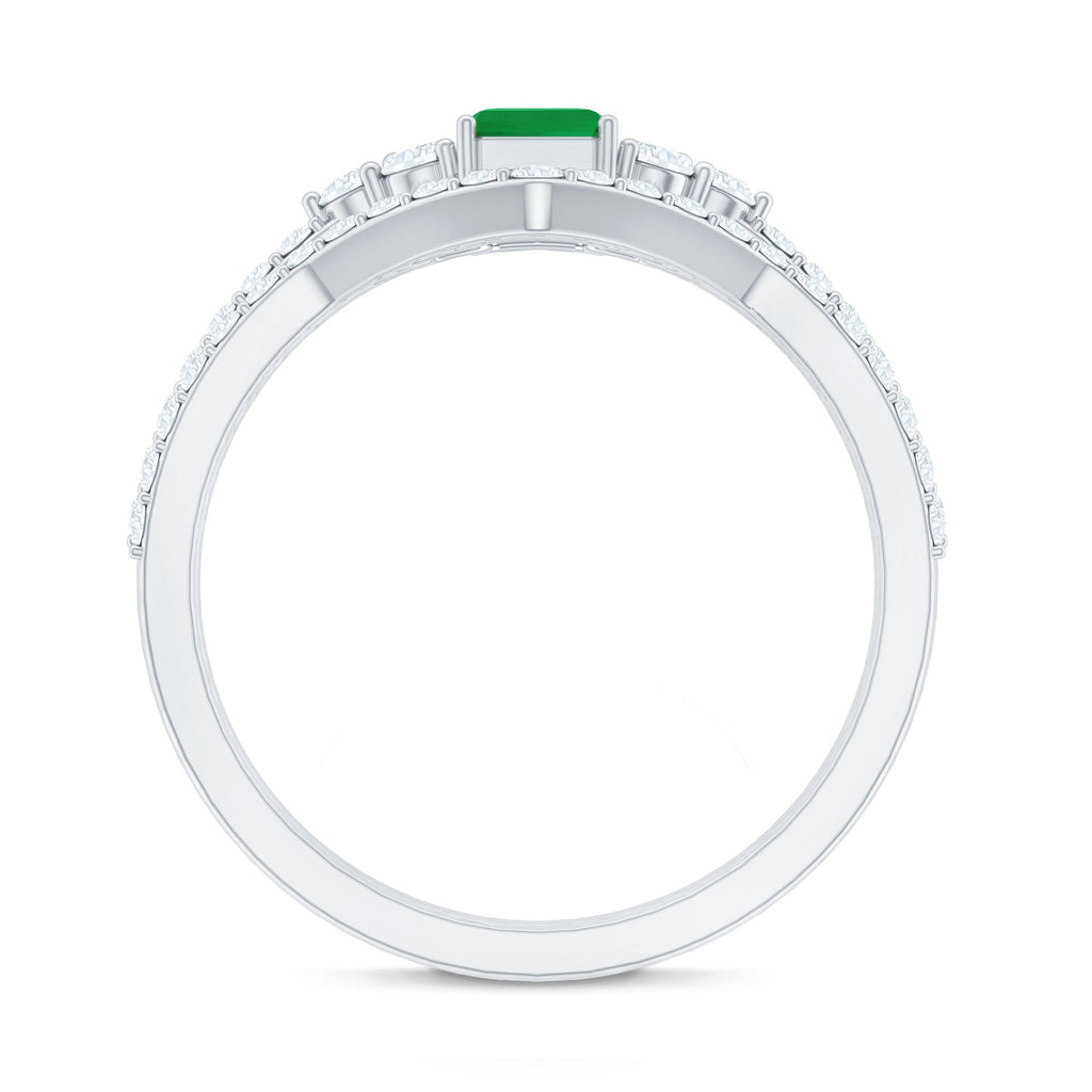 Emerald Diamond Bridal Ring – Solitaire Emerald Cut & V Shaped Diamond Wedding Band Set