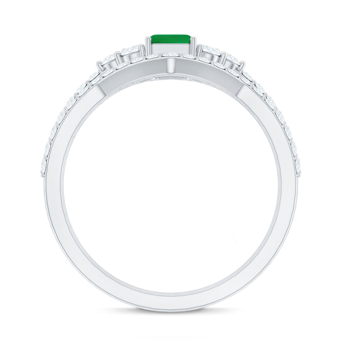 Emerald Diamond Bridal Ring – Solitaire Emerald Cut & V Shaped Diamond Wedding Band Set