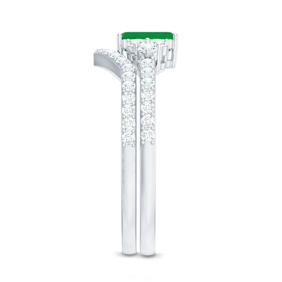 Emerald Diamond Bridal Ring – Solitaire Emerald Cut & V Shaped Diamond Wedding Band Set