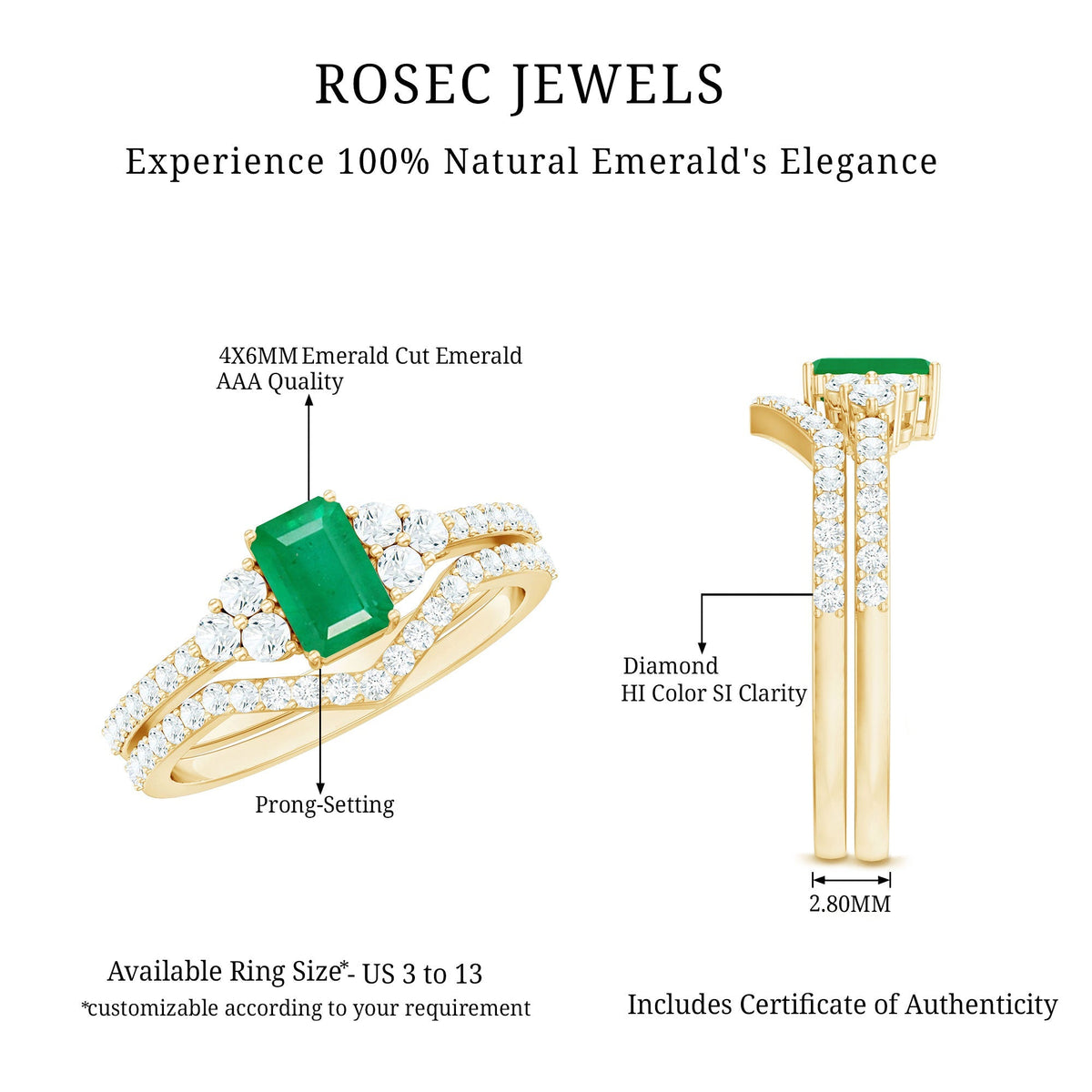 Emerald Diamond Bridal Ring – Solitaire Emerald Cut & V Shaped Diamond Wedding Band Set
