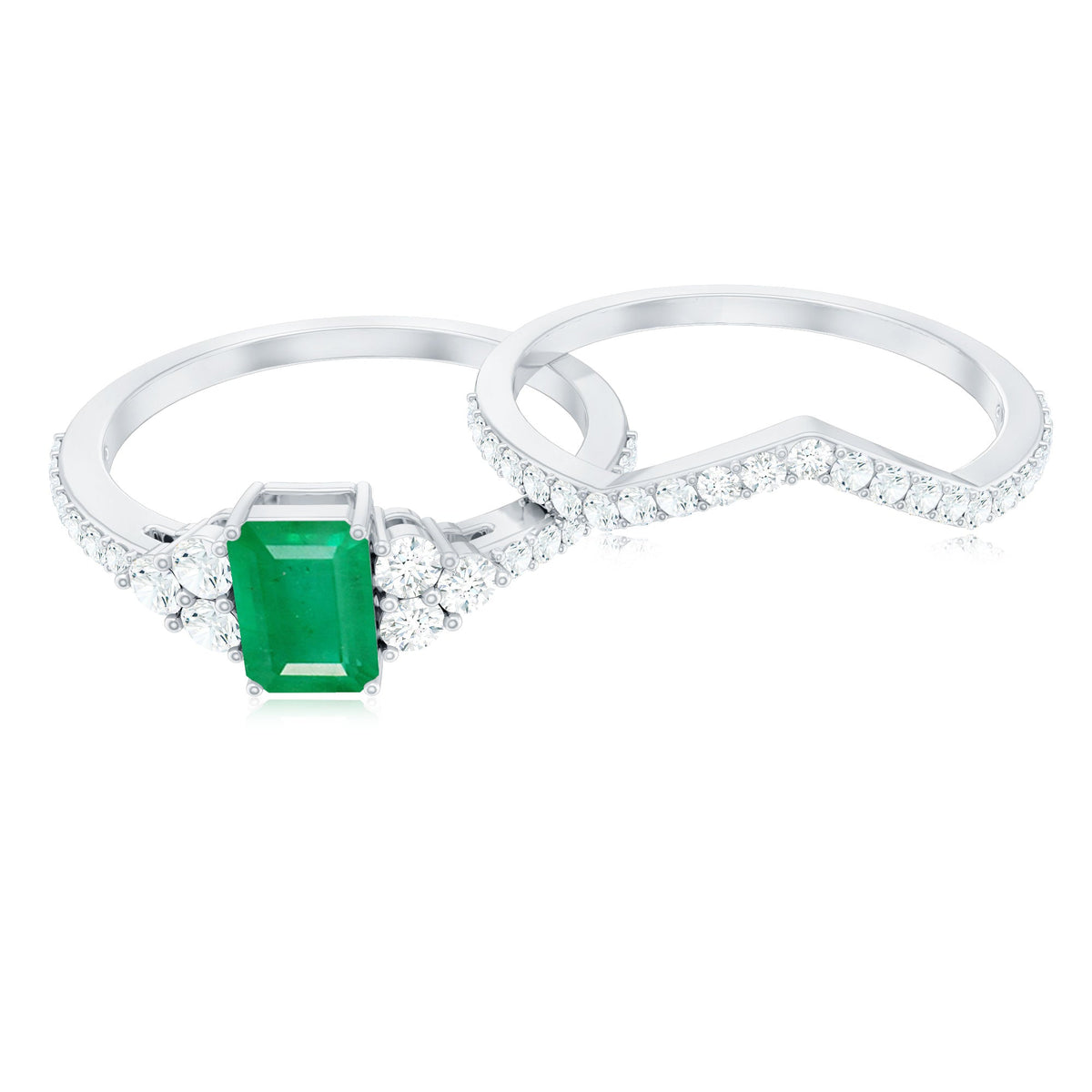 Emerald Diamond Bridal Ring – Solitaire Emerald Cut & V Shaped Diamond Wedding Band Set