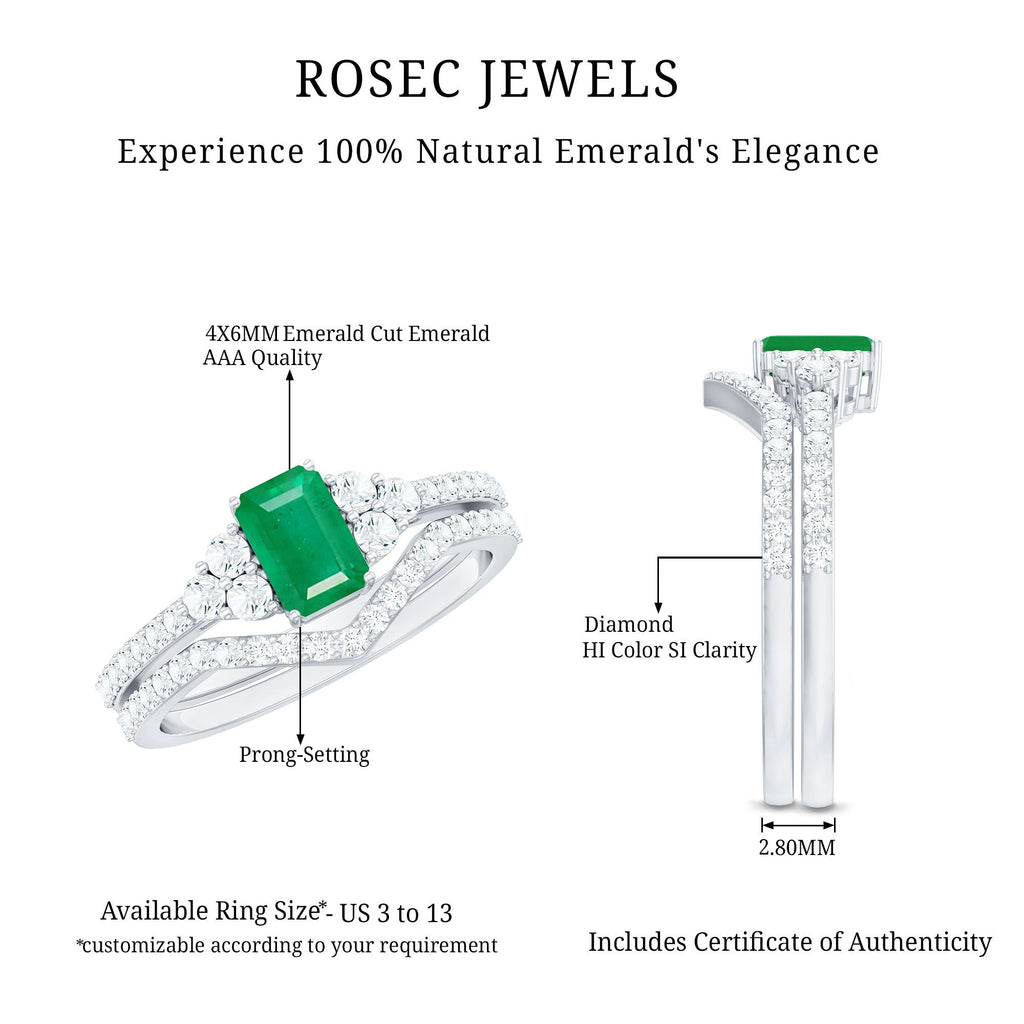 Emerald Diamond Bridal Ring – Solitaire Emerald Cut & V Shaped Diamond Wedding Band Set