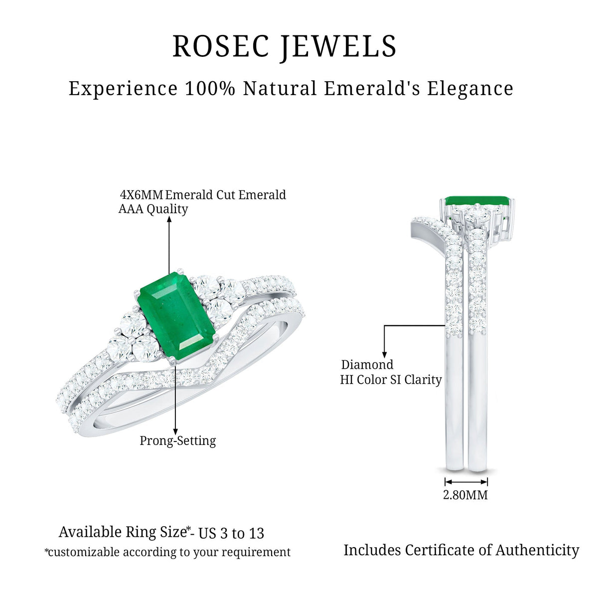 Emerald Diamond Bridal Ring – Solitaire Emerald Cut & V Shaped Diamond Wedding Band Set