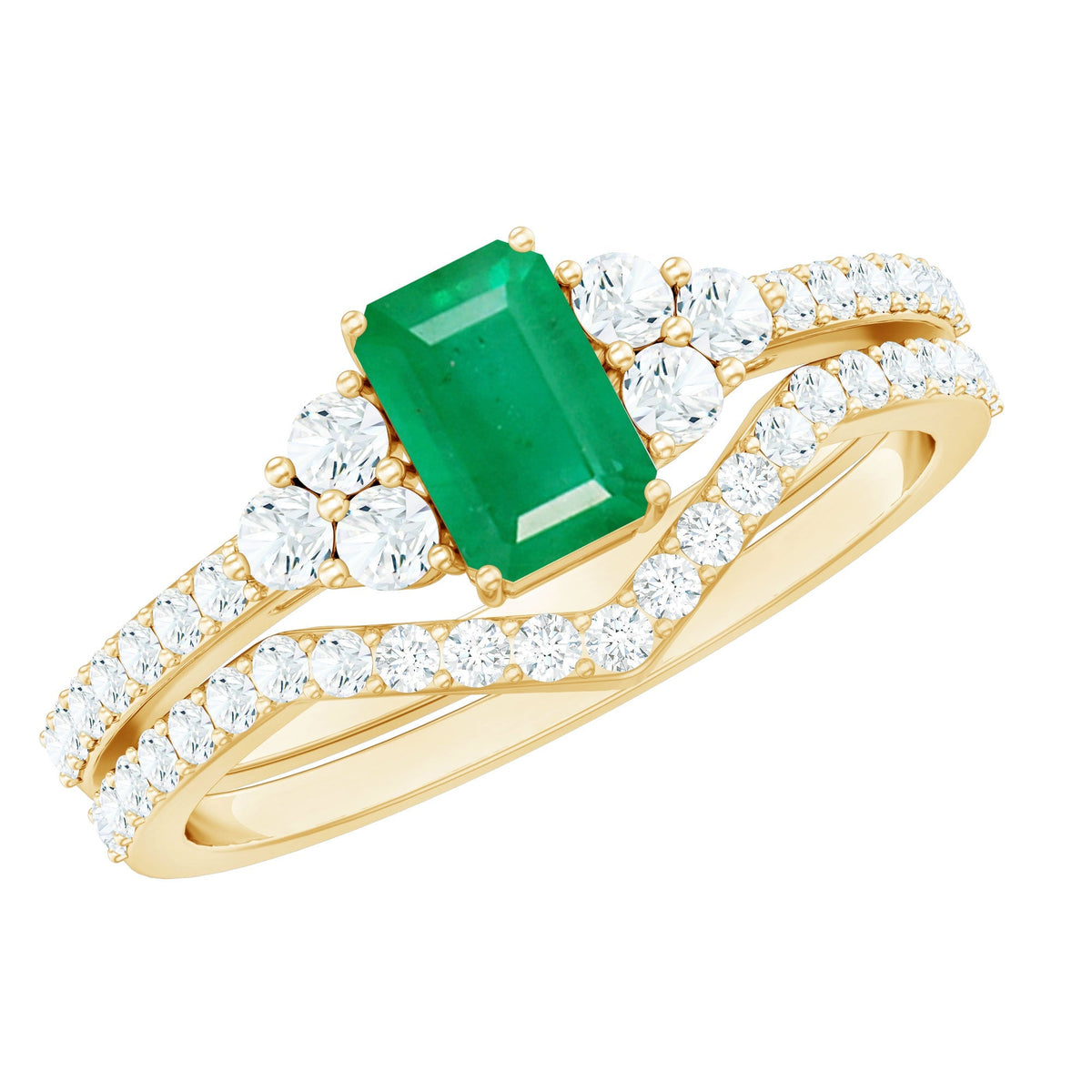 Emerald Diamond Bridal Ring – Solitaire Emerald Cut & V Shaped Diamond Wedding Band Set
