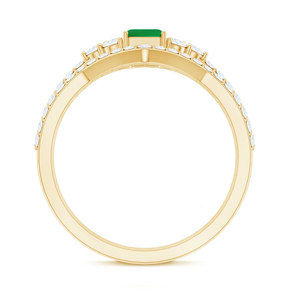 Emerald Diamond Bridal Ring – Solitaire Emerald Cut & V Shaped Diamond Wedding Band Set