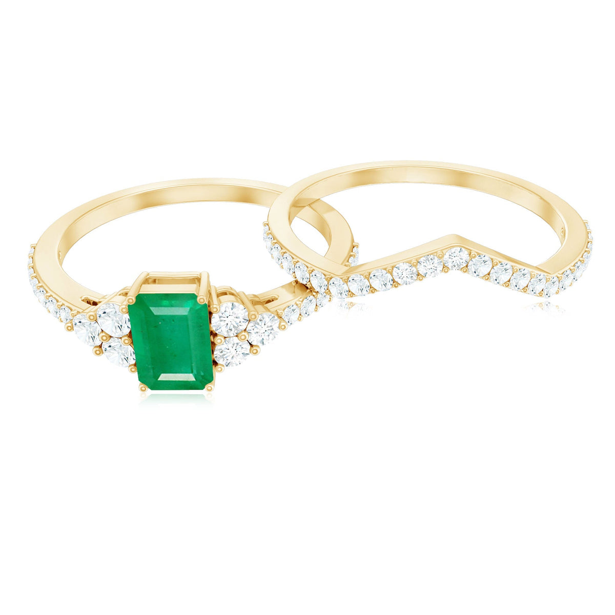 Emerald Diamond Bridal Ring – Solitaire Emerald Cut & V Shaped Diamond Wedding Band Set