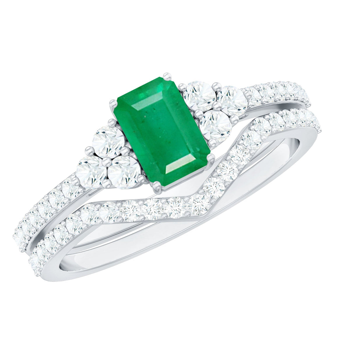 Emerald Diamond Bridal Ring – Solitaire Emerald Cut & V Shaped Diamond Wedding Band Set