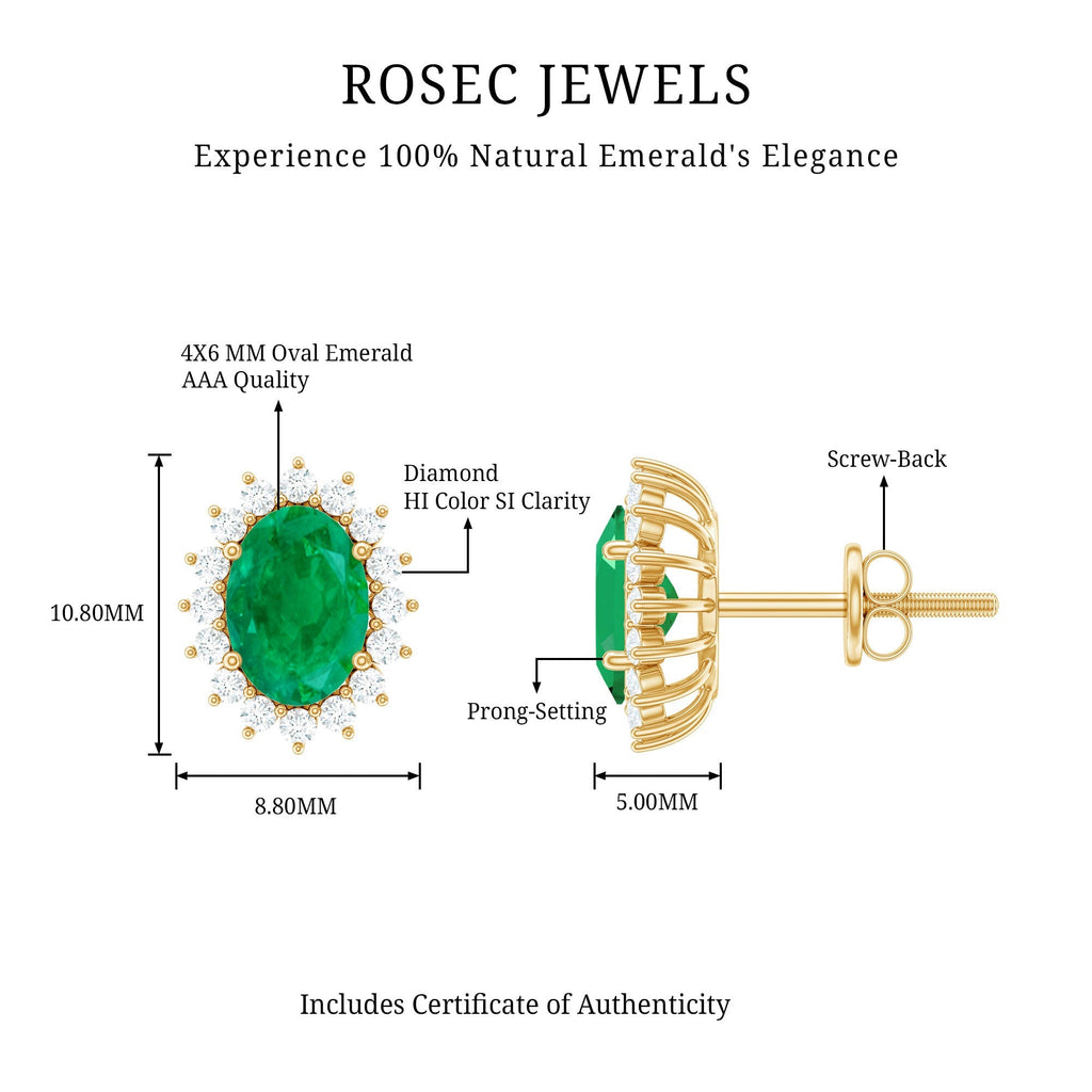 Emerald Diamond Earrings - 0.8 Ct Oval Studs with Halo Design & Secure Screw Back