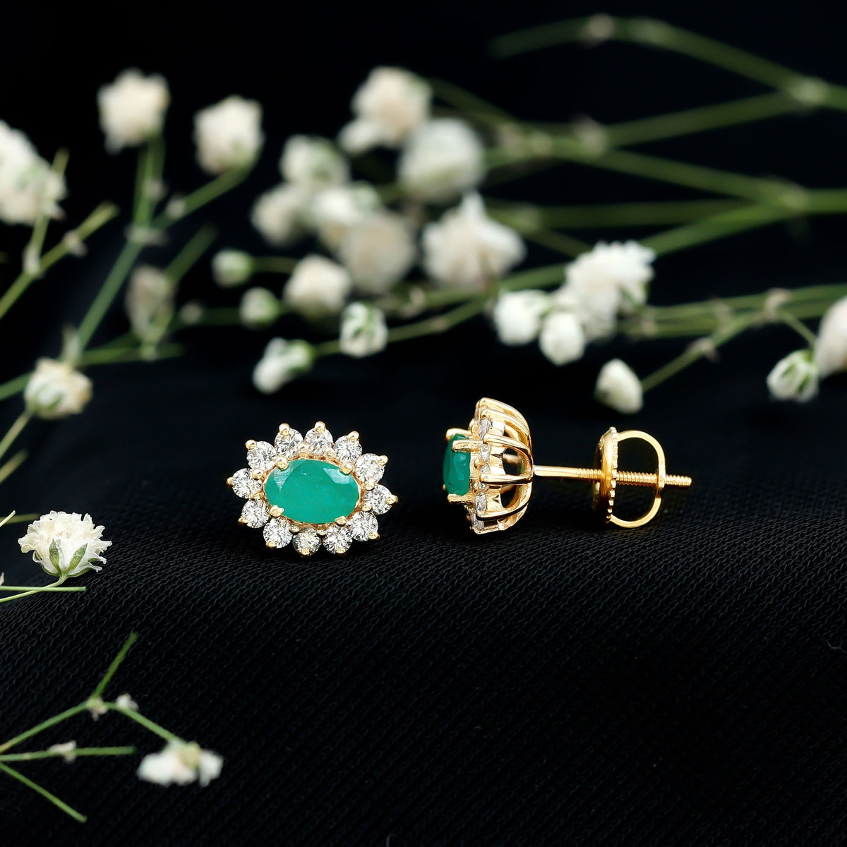 Emerald Diamond Earrings - 0.8 Ct Oval Studs with Halo Design & Secure Screw Back