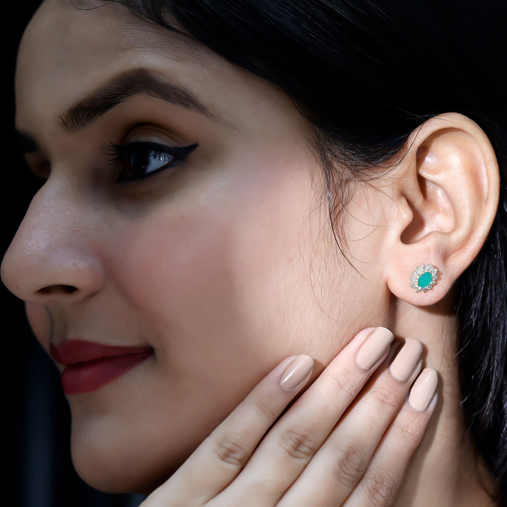 Emerald Diamond Earrings - 0.8 Ct Oval Studs with Halo Design & Secure Screw Back