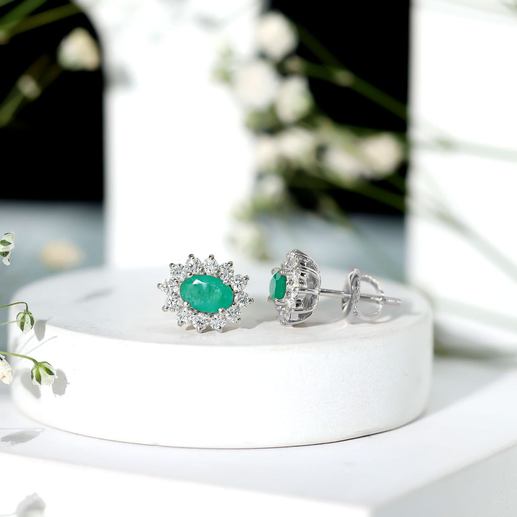 Emerald Diamond Earrings - 0.8 Ct Oval Studs with Halo Design & Secure Screw Back