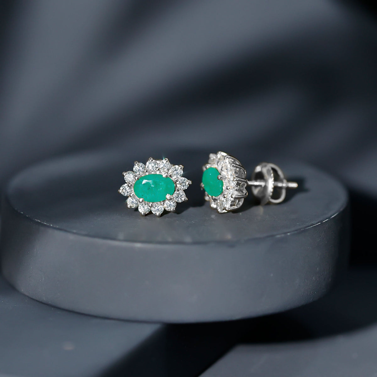 Emerald Diamond Earrings - 0.8 Ct Oval Studs with Halo Design & Secure Screw Back