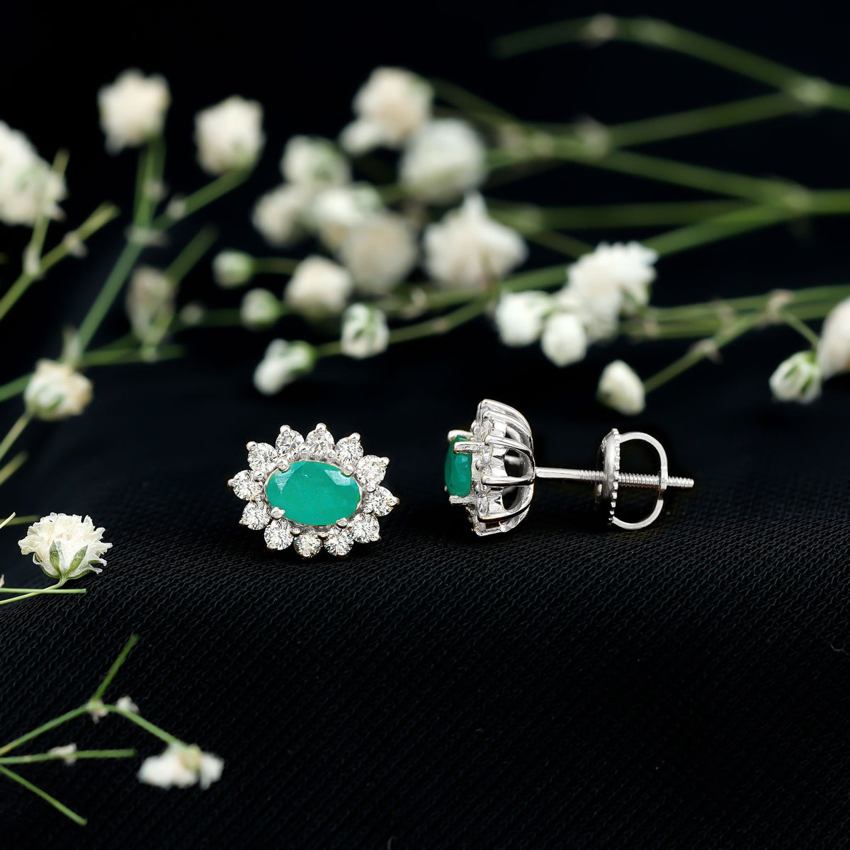 Emerald Diamond Earrings - 0.8 Ct Oval Studs with Halo Design & Secure Screw Back