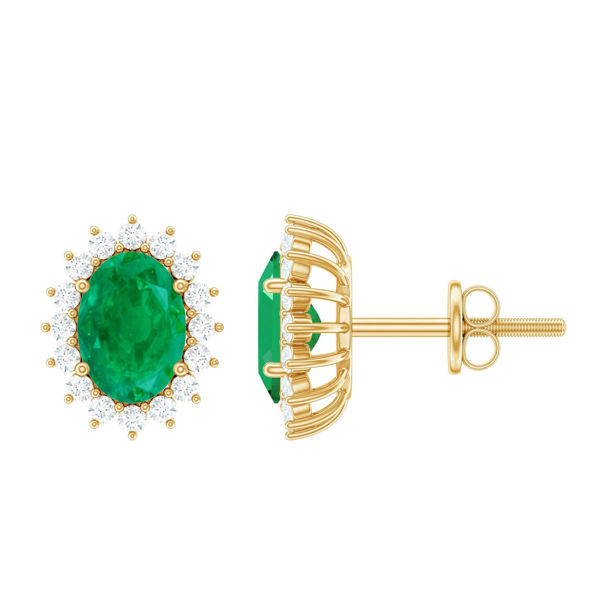 Emerald Diamond Earrings - 0.8 Ct Oval Studs with Halo Design & Secure Screw Back
