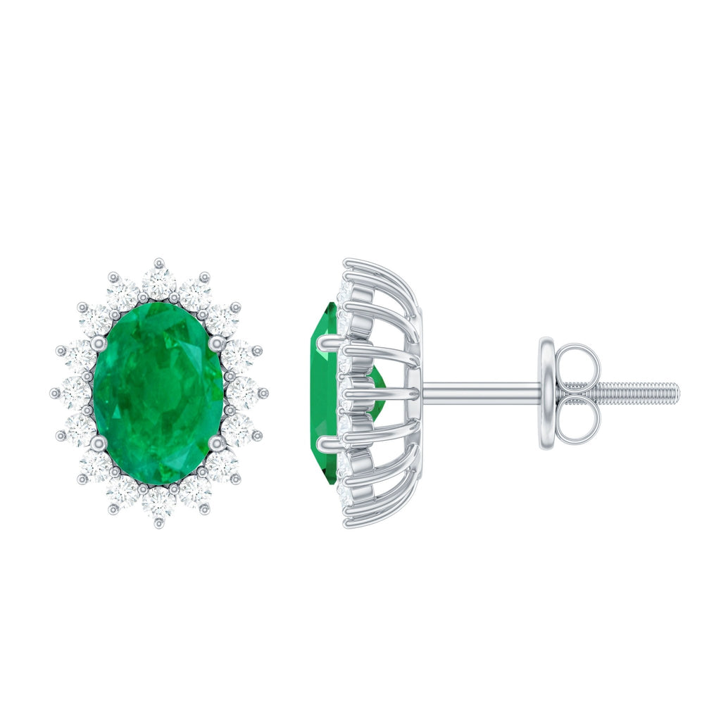 Emerald Diamond Earrings - 0.8 Ct Oval Studs with Halo Design & Secure Screw Back