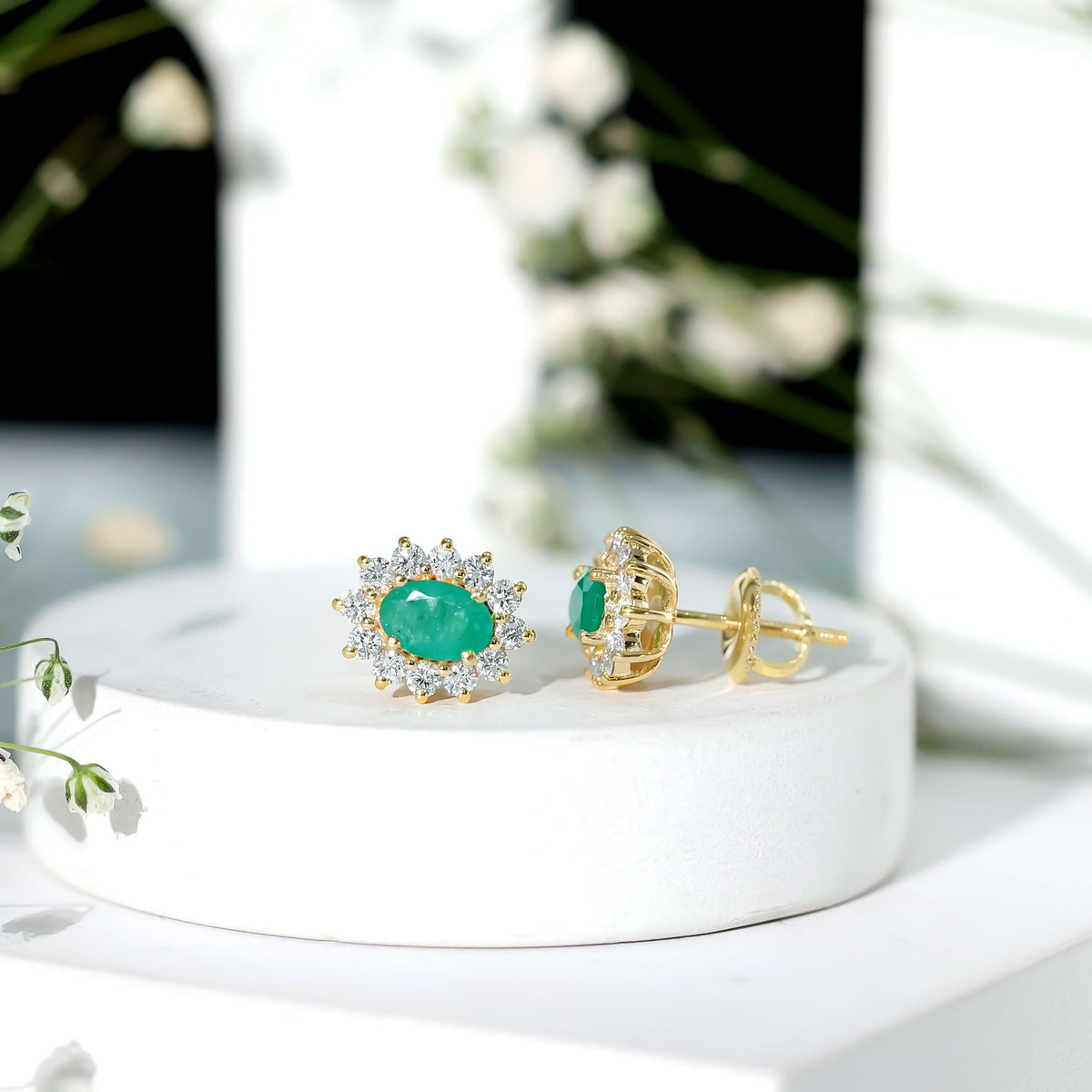 Emerald Diamond Earrings - 0.8 Ct Oval Studs with Halo Design & Secure Screw Back