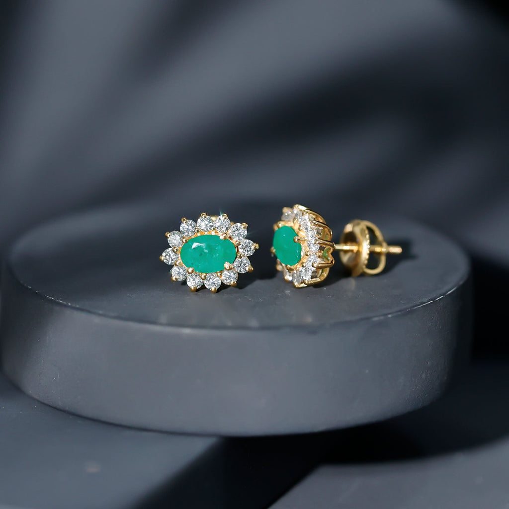 Emerald Diamond Earrings - 0.8 Ct Oval Studs with Halo Design & Secure Screw Back