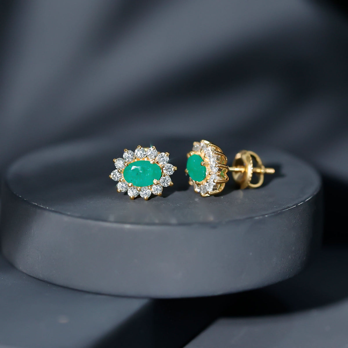 Emerald Diamond Earrings - 0.8 Ct Oval Studs with Halo Design & Secure Screw Back