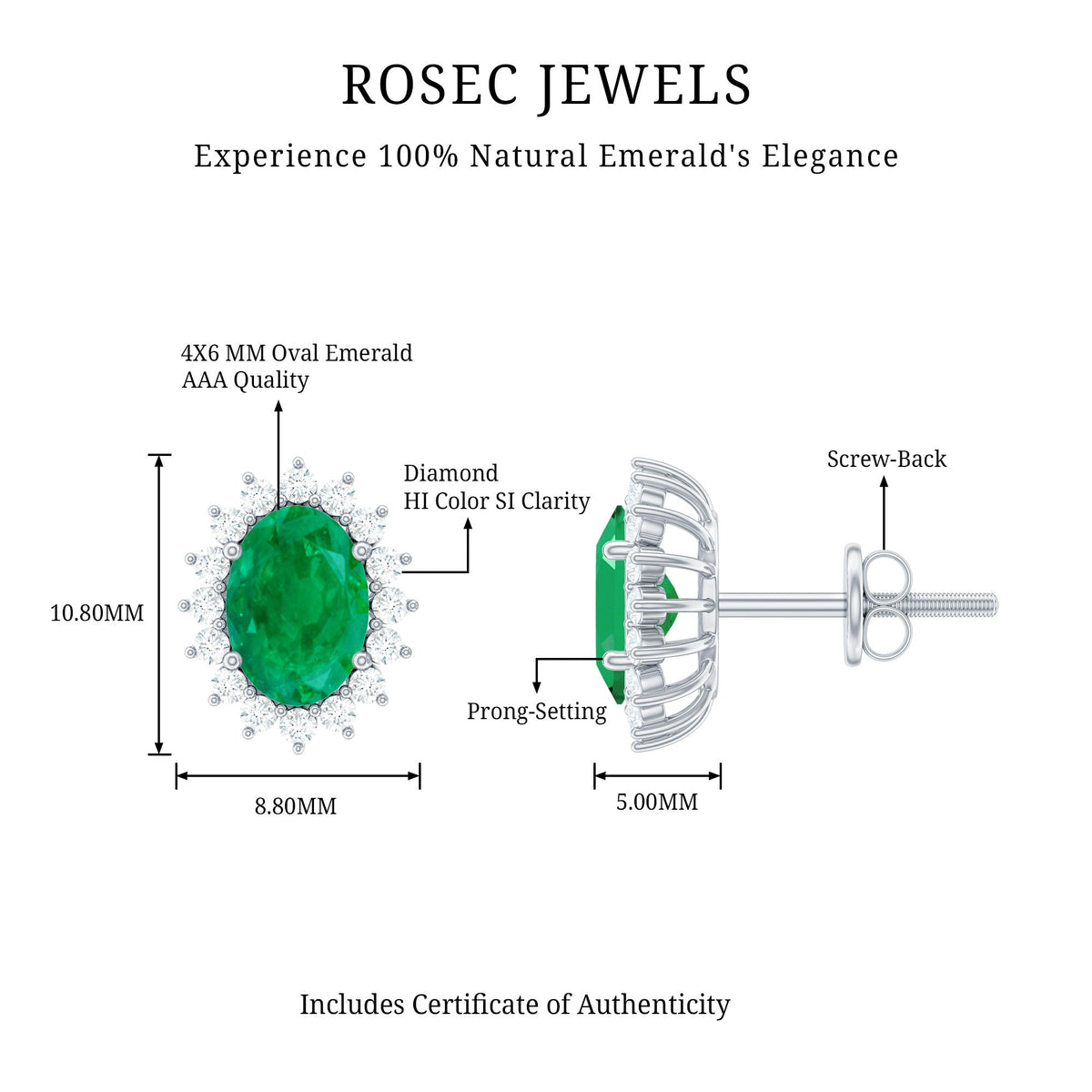 Emerald Diamond Earrings - 0.8 Ct Oval Studs with Halo Design & Secure Screw Back