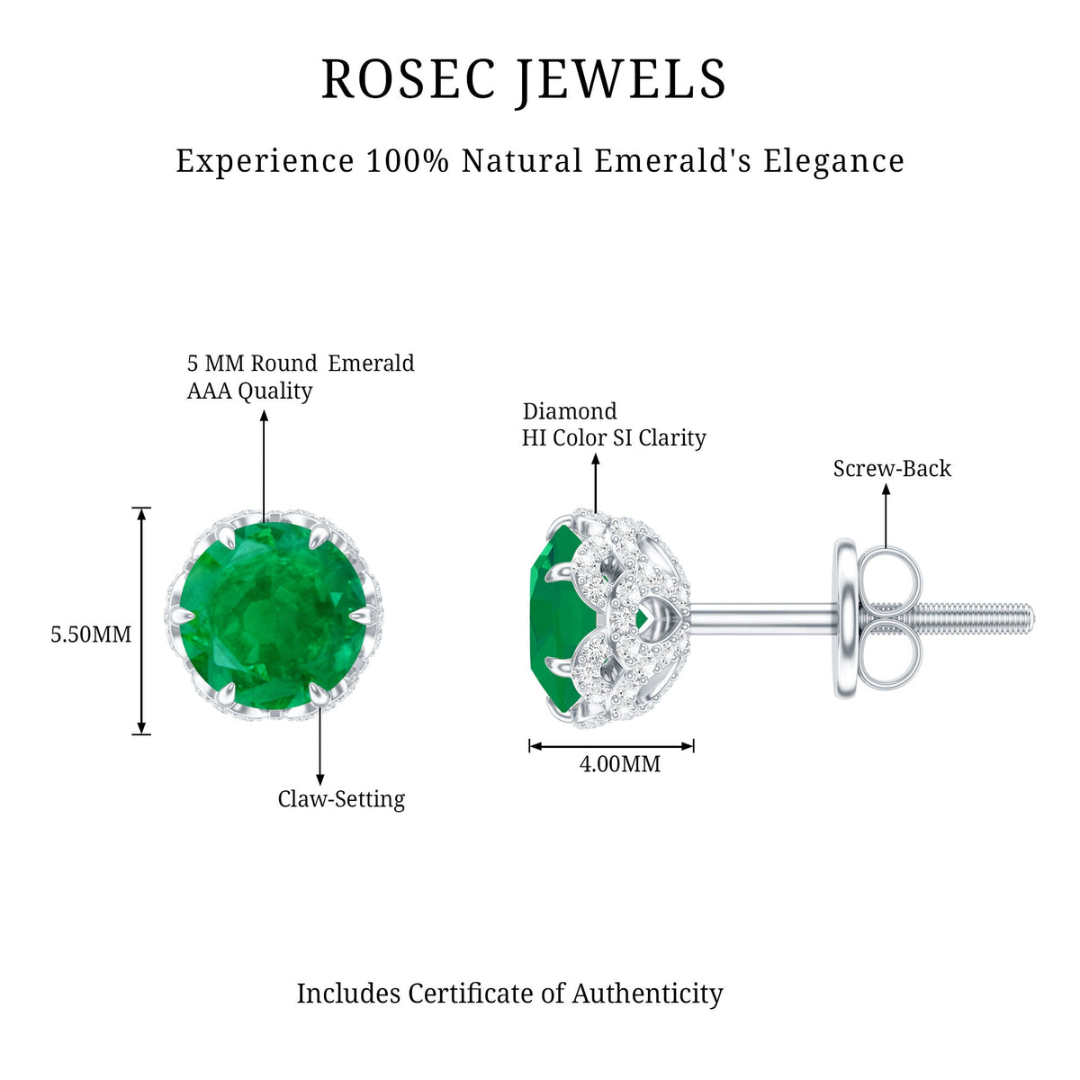 Emerald Diamond Earrings - Designer Stud Earrings With Screw Back & Flower Design