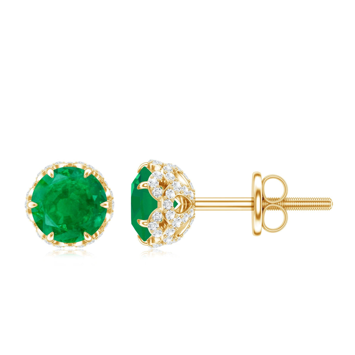 Emerald Diamond Earrings - Designer Stud Earrings With Screw Back & Flower Design