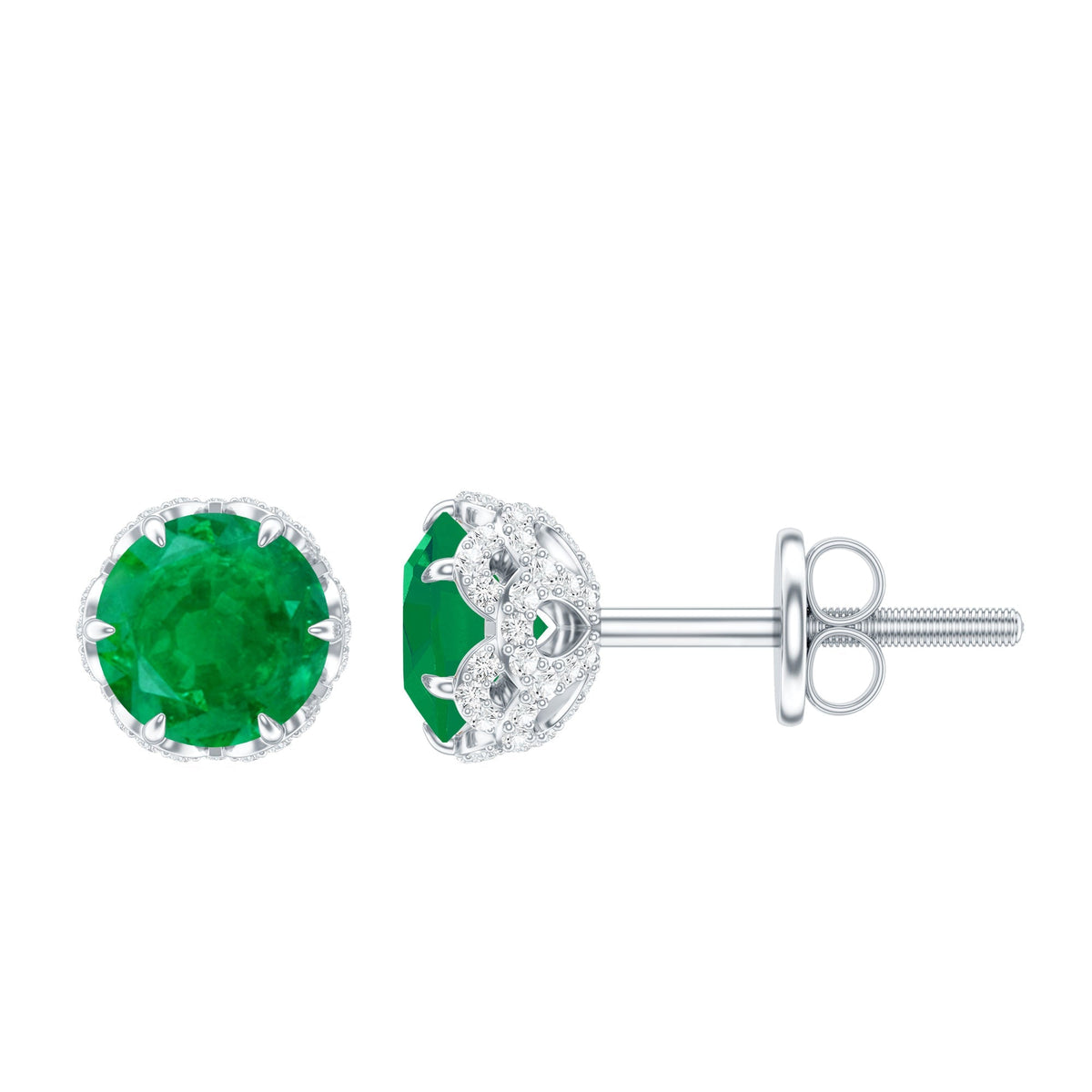 Emerald Diamond Earrings - Designer Stud Earrings With Screw Back & Flower Design