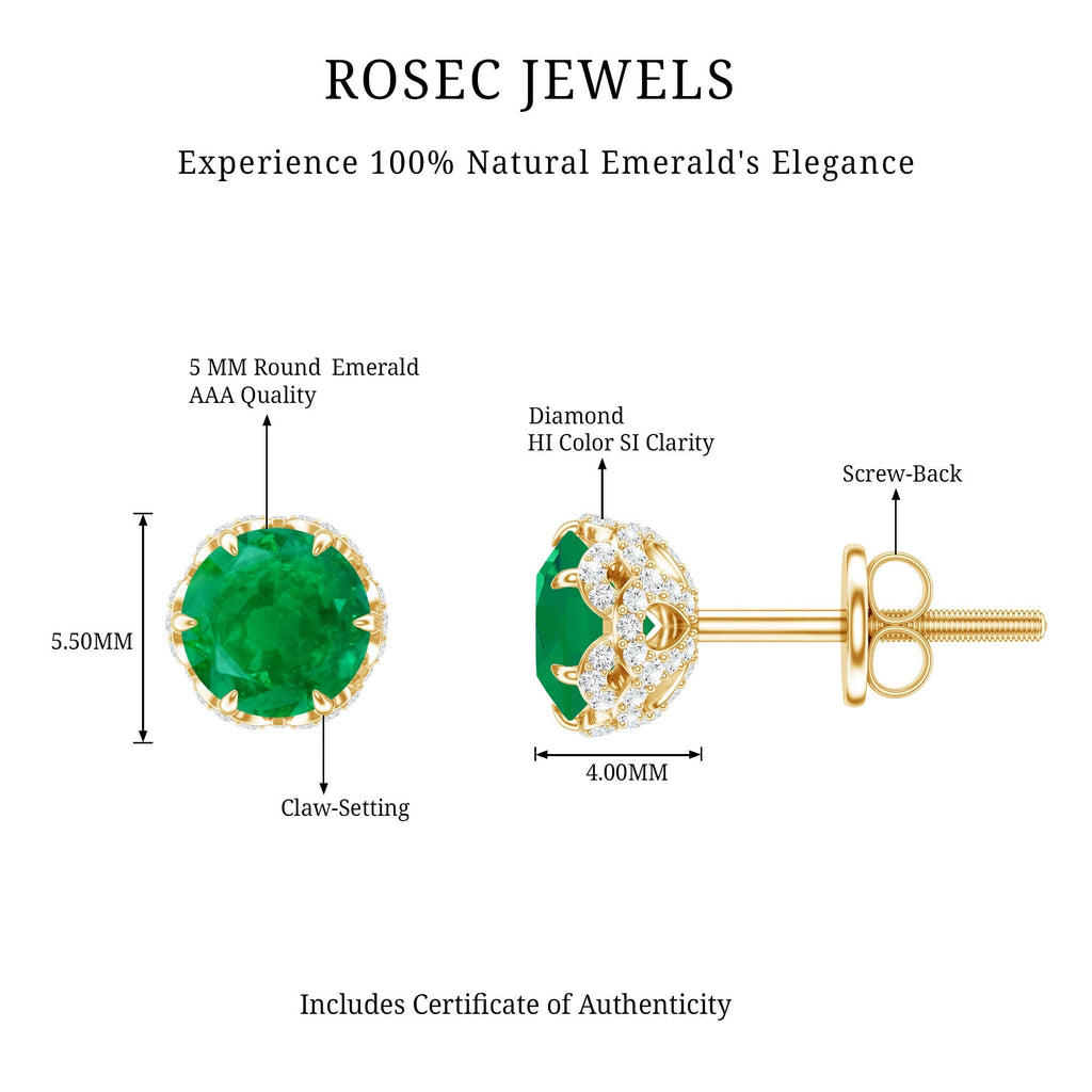Emerald Diamond Earrings - Designer Stud Earrings With Screw Back & Flower Design