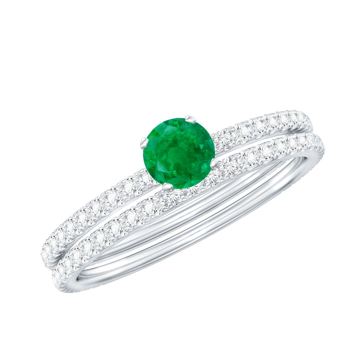 Emerald Diamond Engagement Ring - Minimalist Wedding Ring Set With Diamond Enhancer Band