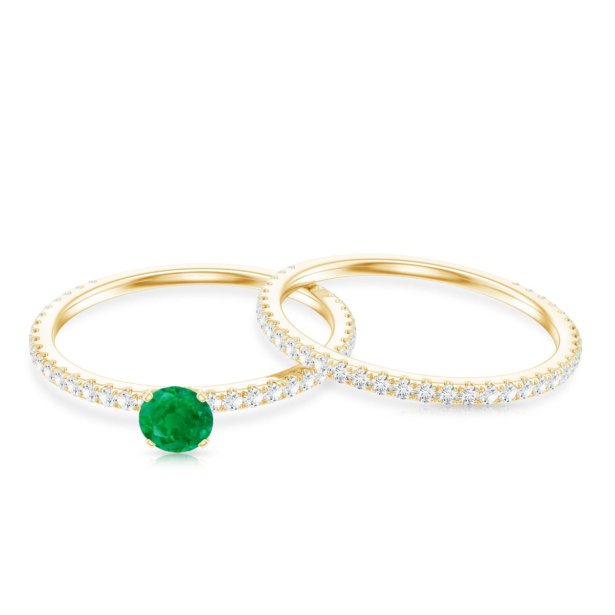 Emerald Diamond Engagement Ring - Minimalist Wedding Ring Set With Diamond Enhancer Band