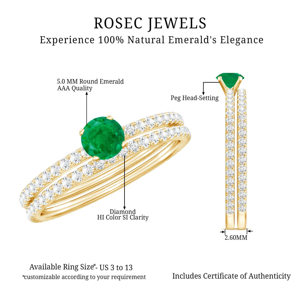 Emerald Diamond Engagement Ring - Minimalist Wedding Ring Set With Diamond Enhancer Band