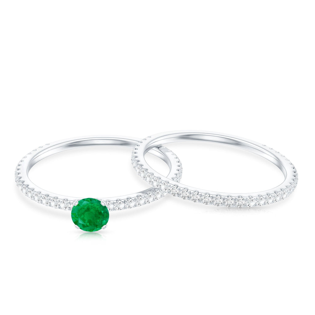 Emerald Diamond Engagement Ring - Minimalist Wedding Ring Set With Diamond Enhancer Band