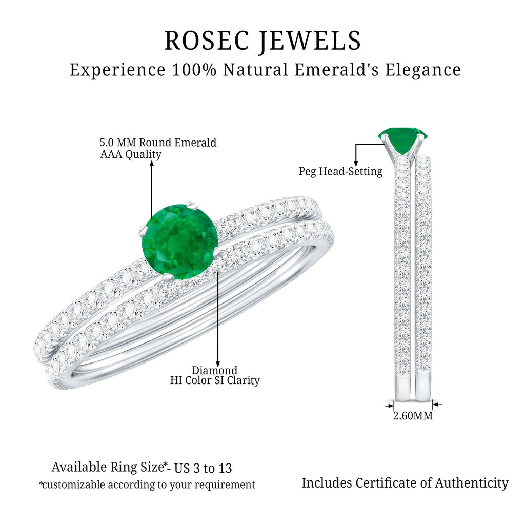 Emerald Diamond Engagement Ring - Minimalist Wedding Ring Set With Diamond Enhancer Band