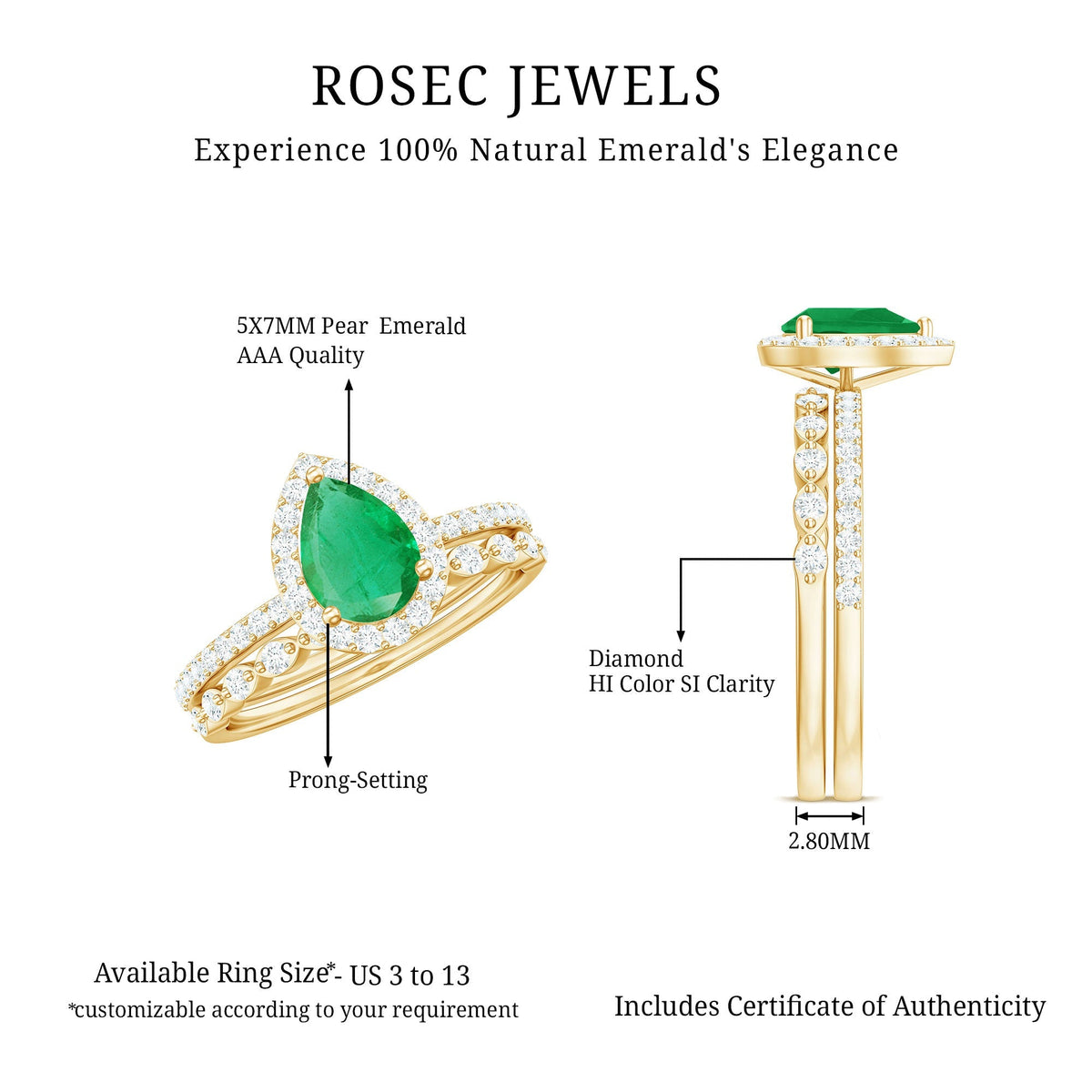 Emerald Diamond Engagement Ring | Pear Shape Emerald Teardrop Wedding Band Set
