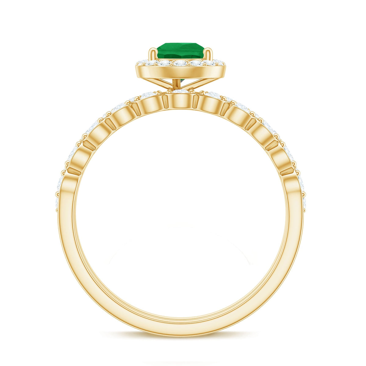 Emerald Diamond Engagement Ring | Pear Shape Emerald Teardrop Wedding Band Set