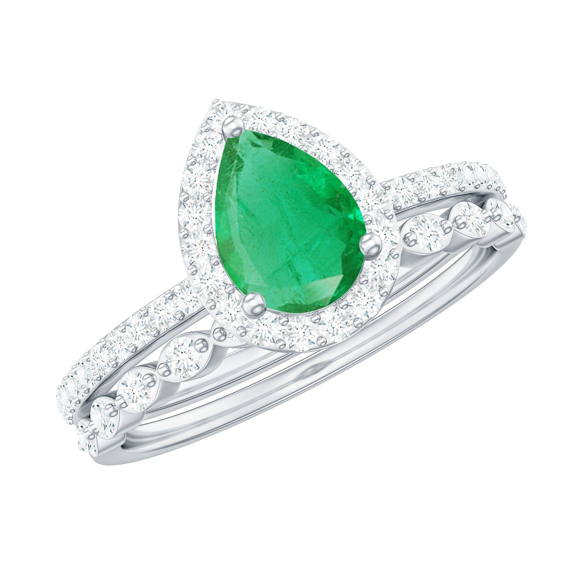 Emerald Diamond Engagement Ring | Pear Shape Emerald Teardrop Wedding Band Set