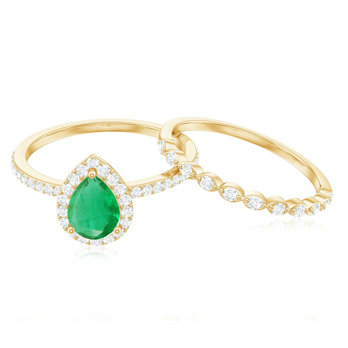 Emerald Diamond Engagement Ring | Pear Shape Emerald Teardrop Wedding Band Set