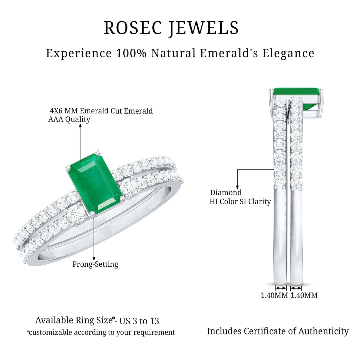 Emerald Diamond Engagement Ring - Solitaire Emerald Cut & Cuff Style Wedding Band Set