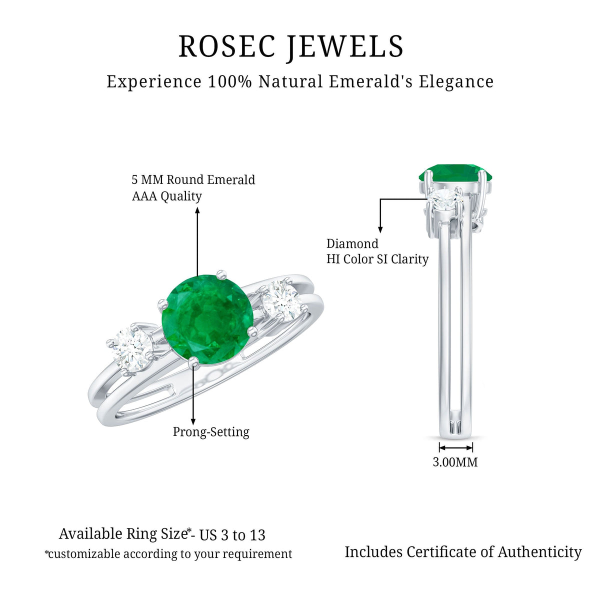 Emerald Diamond Engagement Ring – Three Stone Double Band With AAA Quality Emerald
