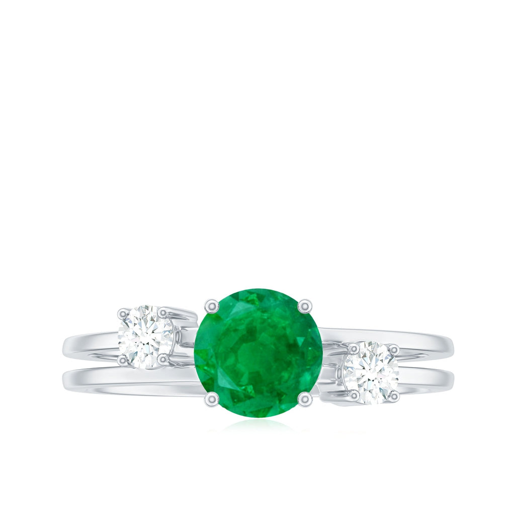 Emerald Diamond Engagement Ring – Three Stone Double Band With AAA Quality Emerald